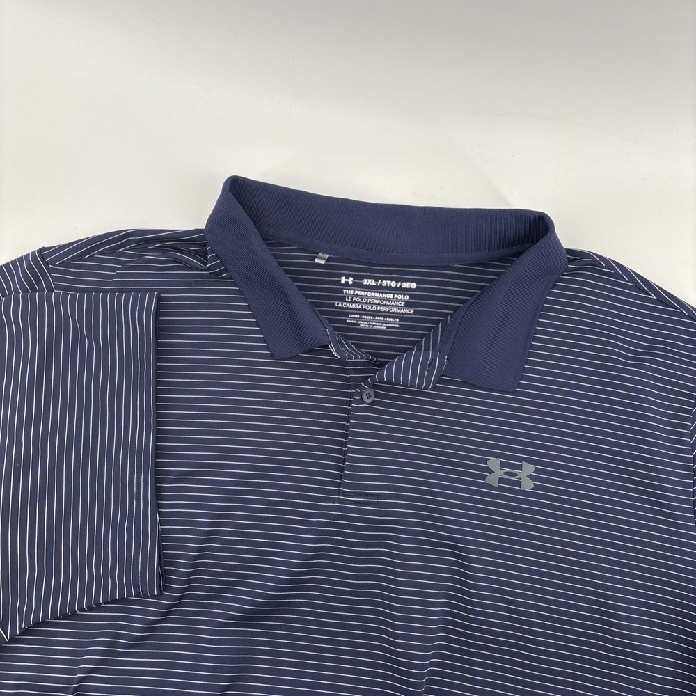 Under Armour Polo Shirt Men 3XL Navy Blue Stripe Playoff Golf Performance Preppy